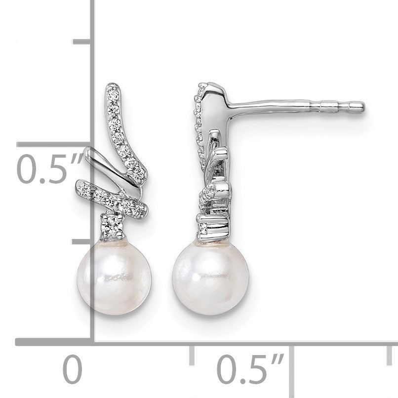 14K White Gold Polished 1/10 carat Diamond and White Freshwater Cultured Pearl Drop Post Earrings