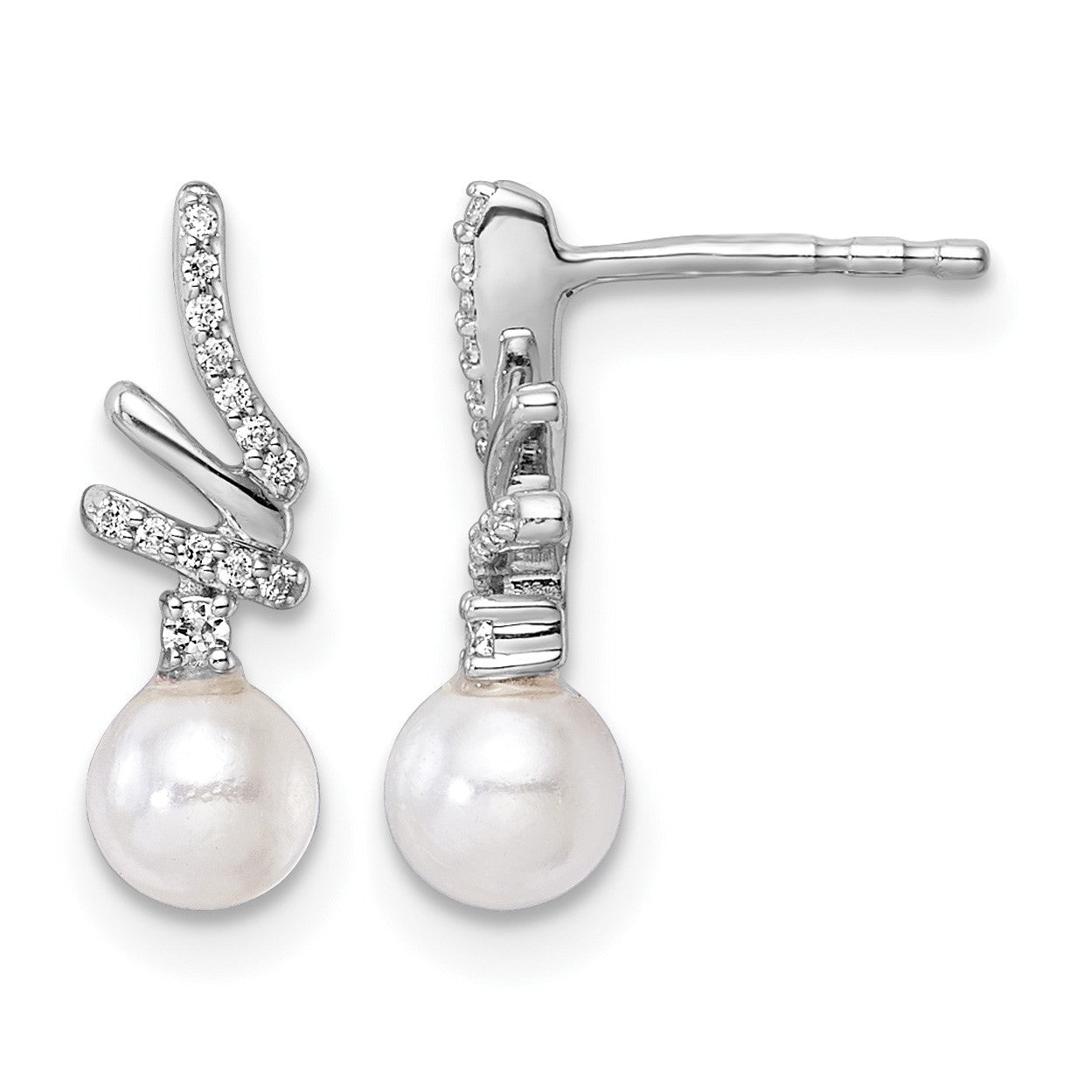 14K White Gold Polished 1/10 carat Diamond and White Freshwater Cultured Pearl Drop Post Earrings