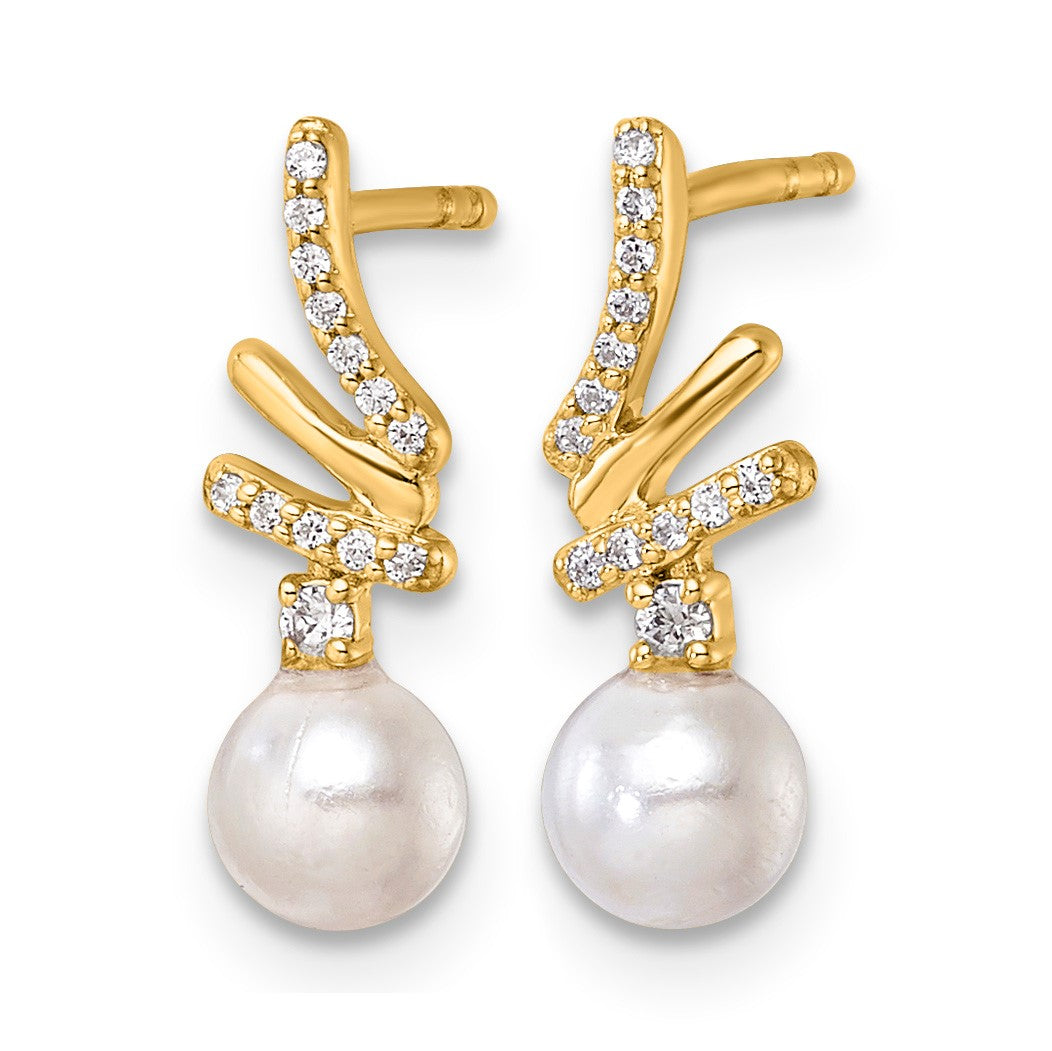 14K Polished 1/10 carat Diamond and White Freshwater Cultured Pearl Drop Post Earrings