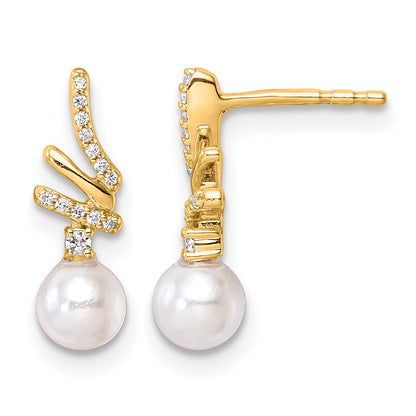 14K Polished 1/10 carat Diamond and White Freshwater Cultured Pearl Drop Post Earrings