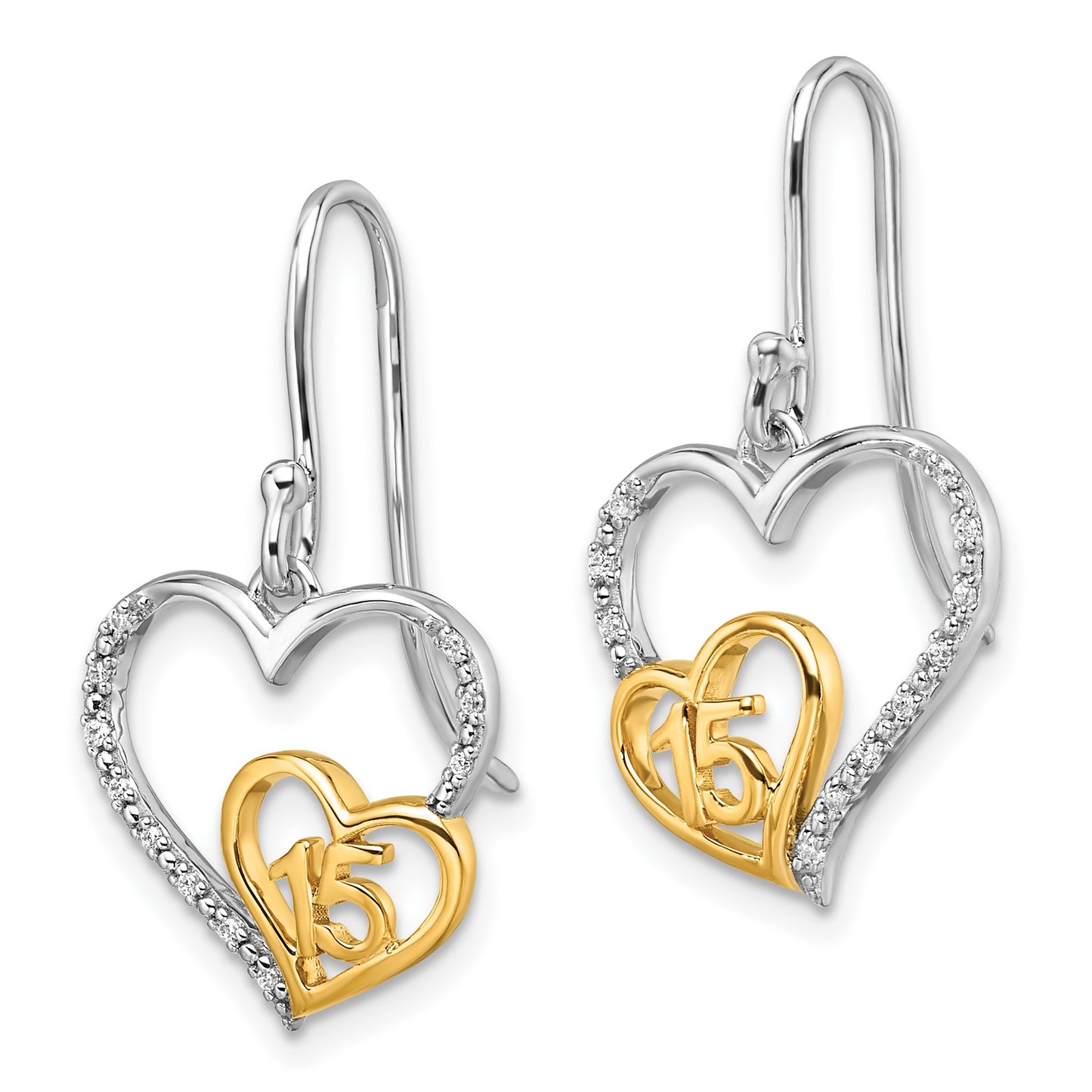14K Two-tone Polished 1/20 carat Diamond Quinceanera 15 Heart Dangle French Hook Earrings