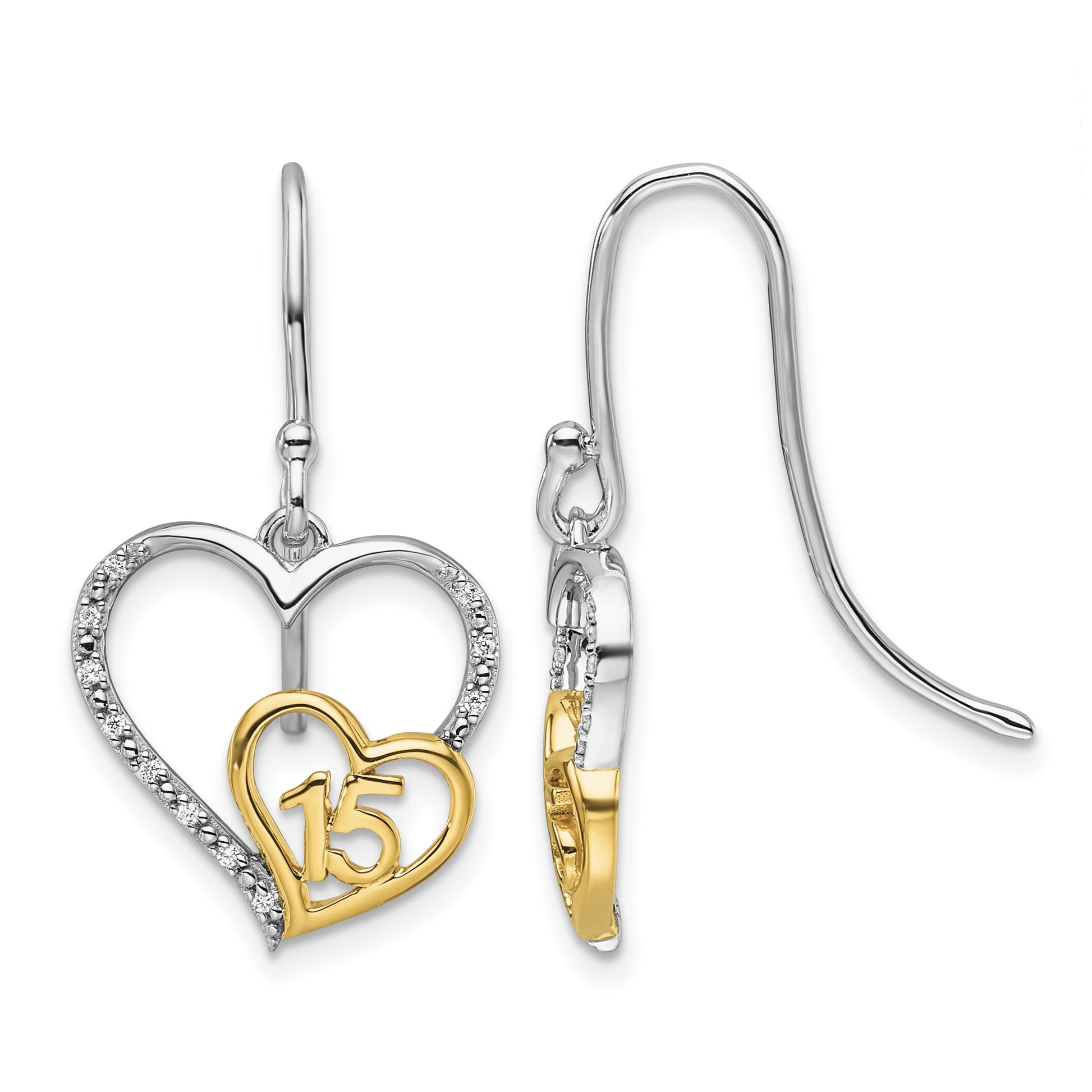 14K Two-tone Polished 1/20 carat Diamond Quinceanera 15 Heart Dangle French Hook Earrings