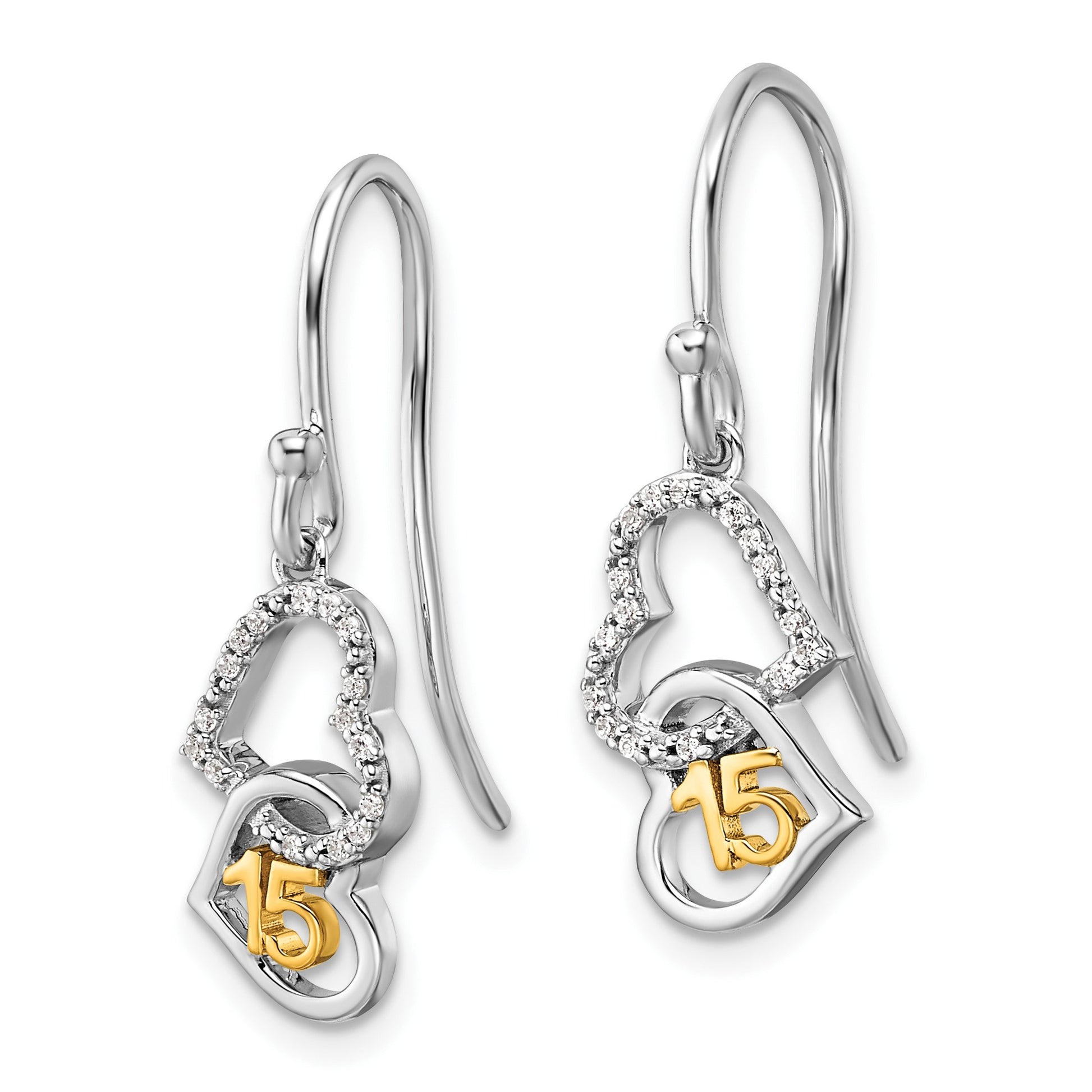 14K Two-tone 1/10 carat Diamond Quinceanera 15 Double Heart Dangle French Hook Earrings