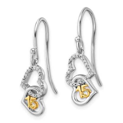 14K Two-tone 1/10 carat Diamond Quinceanera 15 Double Heart Dangle French Hook Earrings