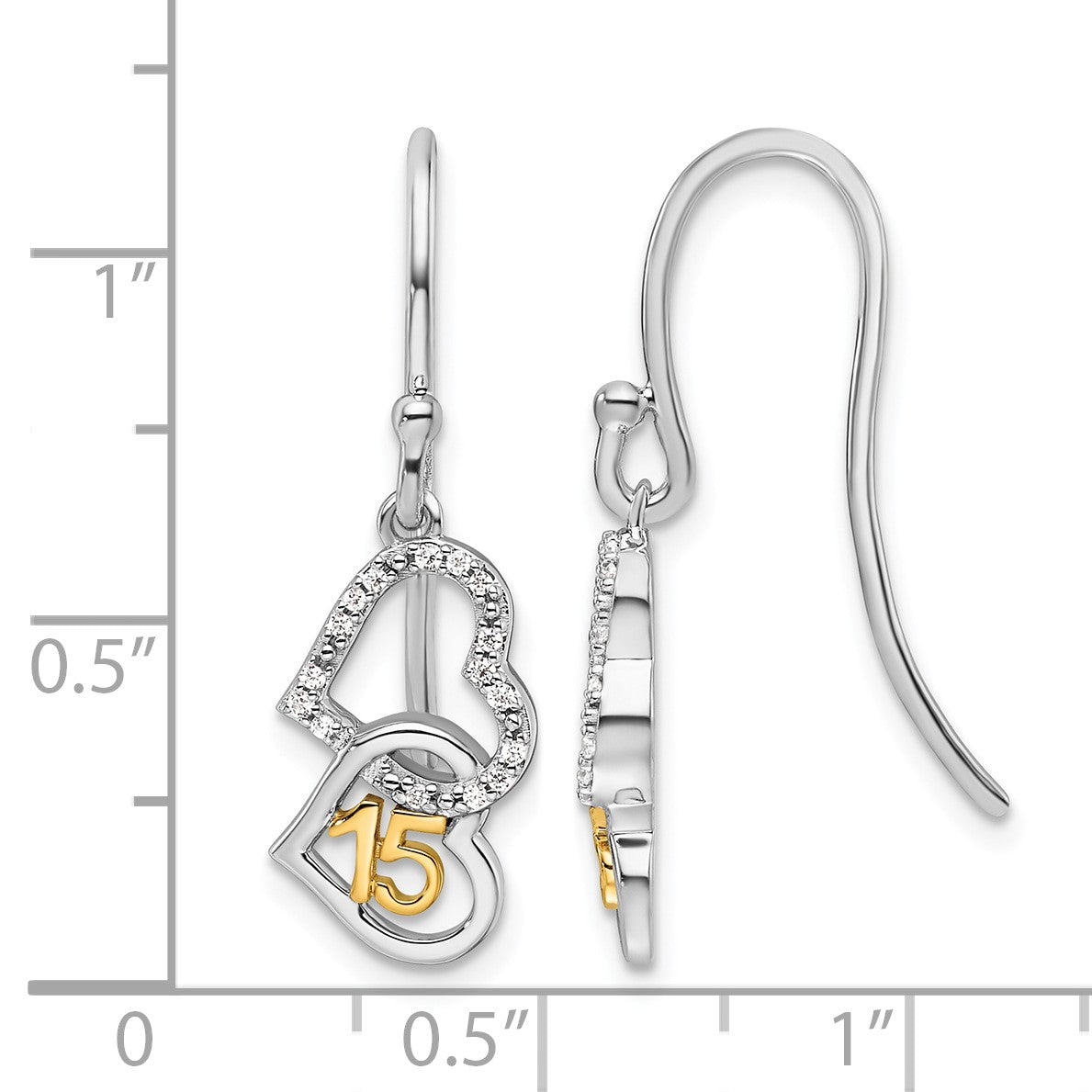 14K Two-tone 1/10 carat Diamond Quinceanera 15 Double Heart Dangle French Hook Earrings