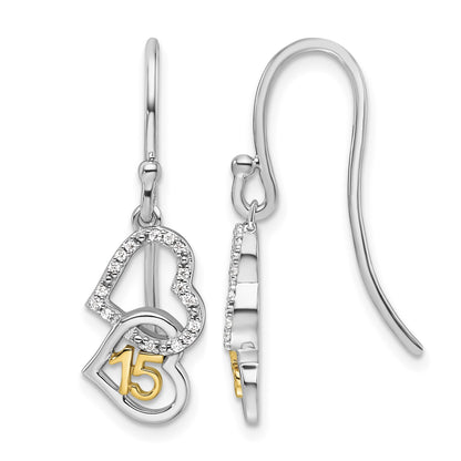14K Two-tone 1/10 carat Diamond Quinceanera 15 Double Heart Dangle French Hook Earrings