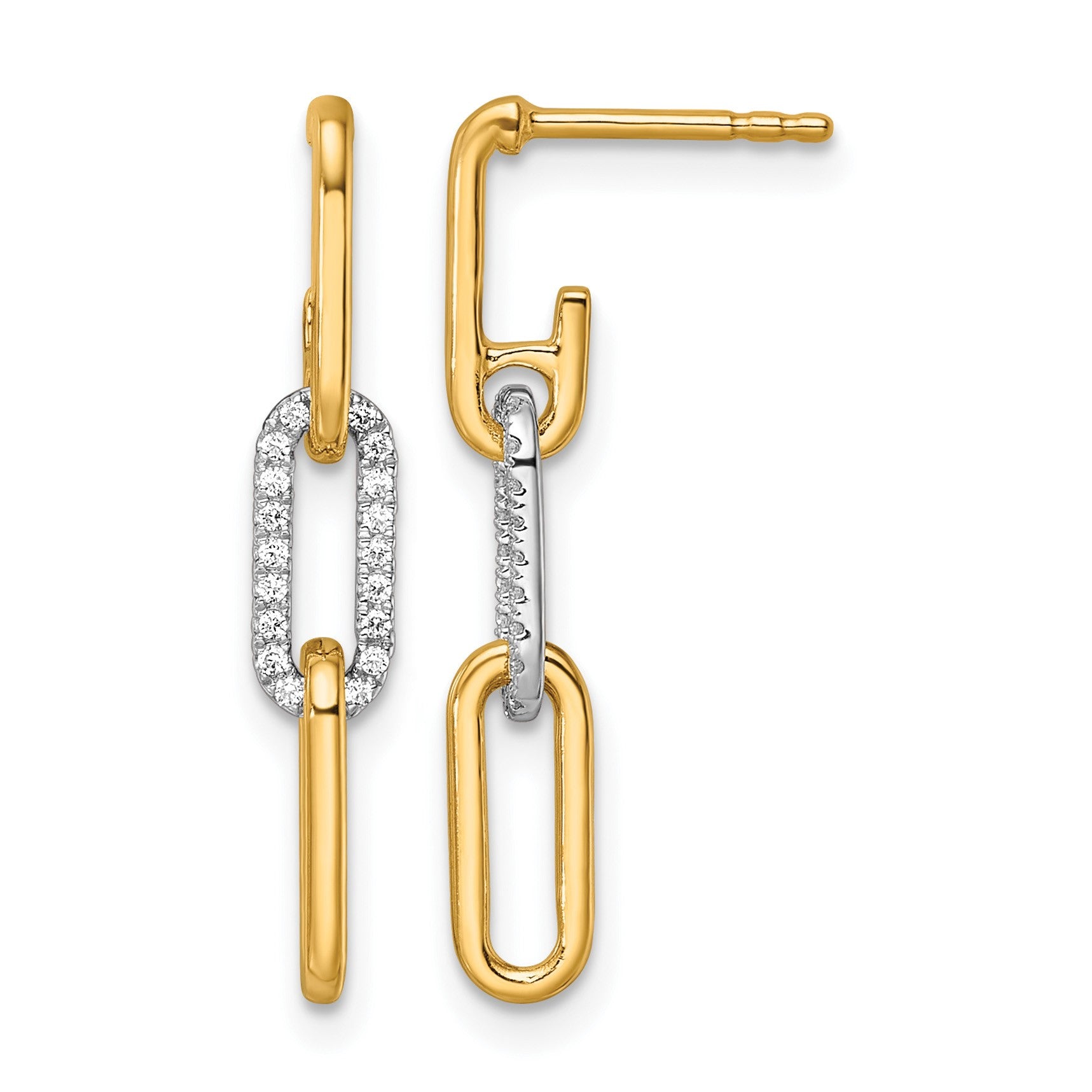14K Two-tone 1/5 carat Diamond Paperclip Link Dangle Post Earrings