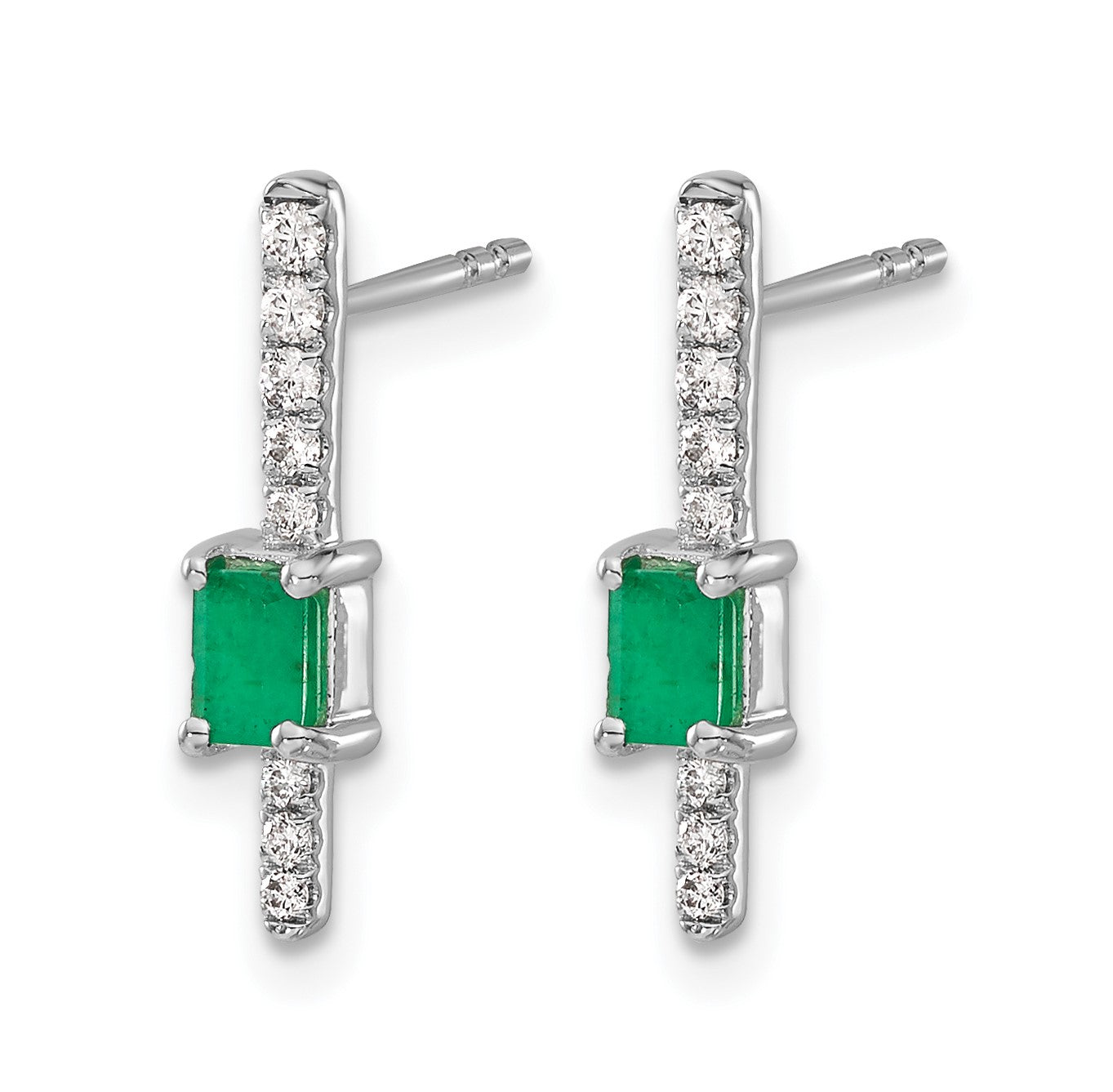 14k White Gold 5x3mm Emerald-cut Emerald and Diamond Post Earrings