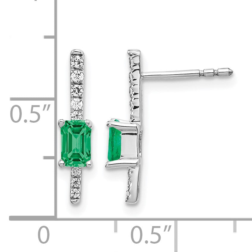 14k White Gold 5x3mm Emerald-cut Emerald and Diamond Post Earrings