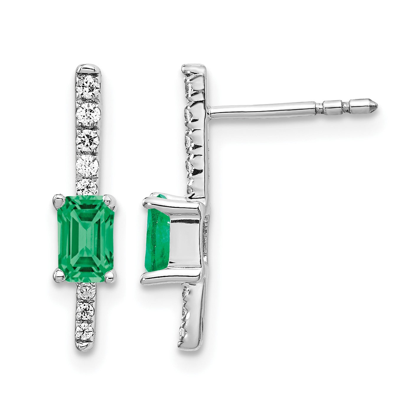 14k White Gold 5x3mm Emerald-cut Emerald and Diamond Post Earrings
