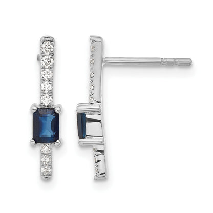 14k White Gold 5x3mm Emerald-cut Sapphire and Diamond Post Earrings