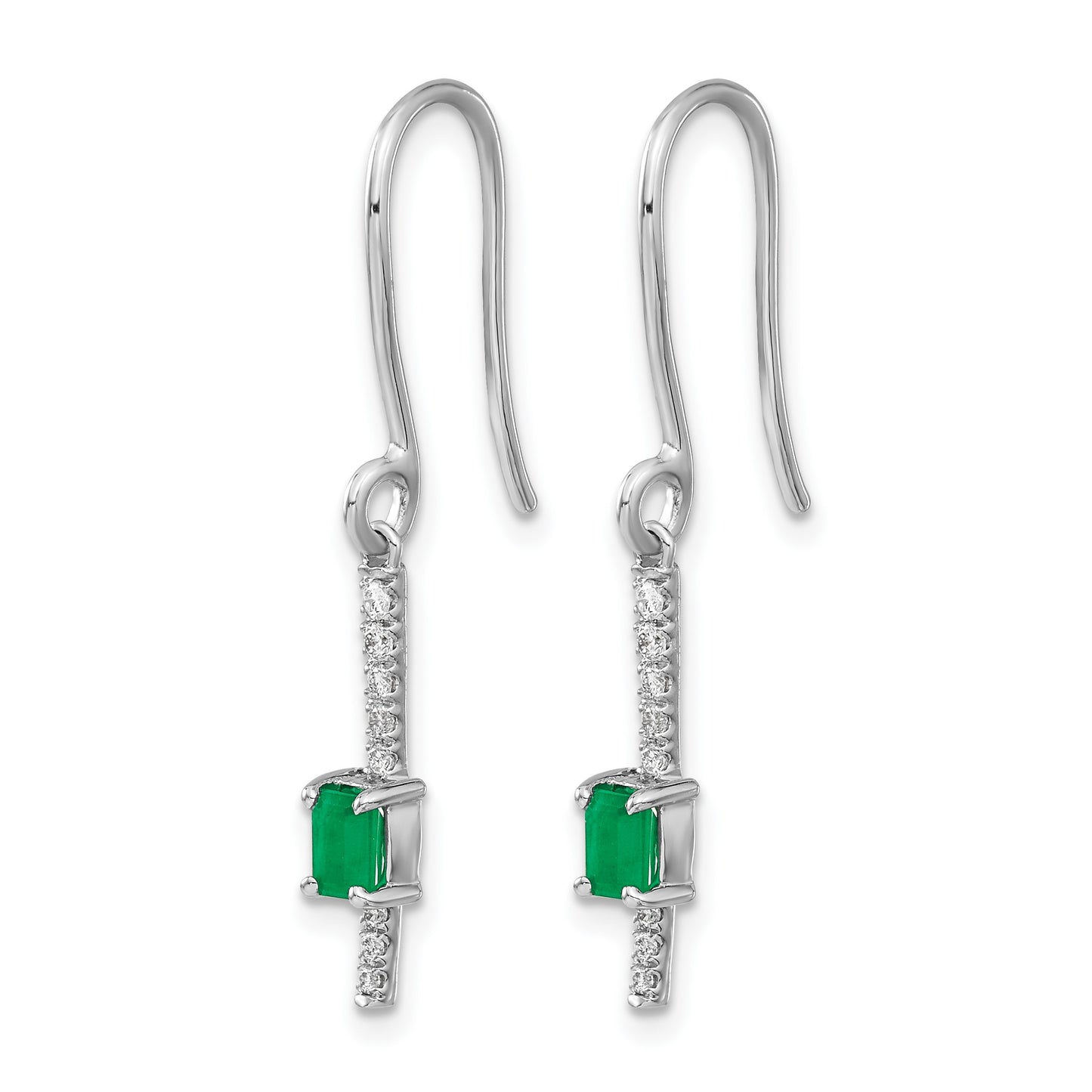 14k White Gold 4x3mm Emerald-cut Emerald and Diamond Dangle Shepherd Hook Earrings