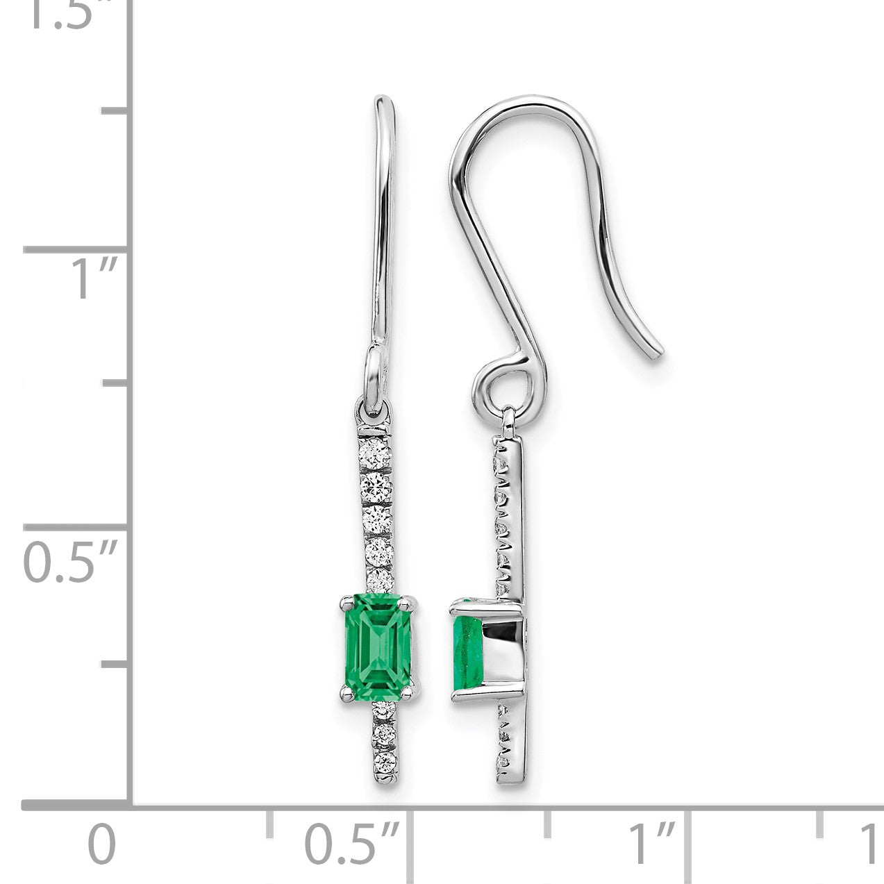14k White Gold 4x3mm Emerald-cut Emerald and Diamond Dangle Shepherd Hook Earrings