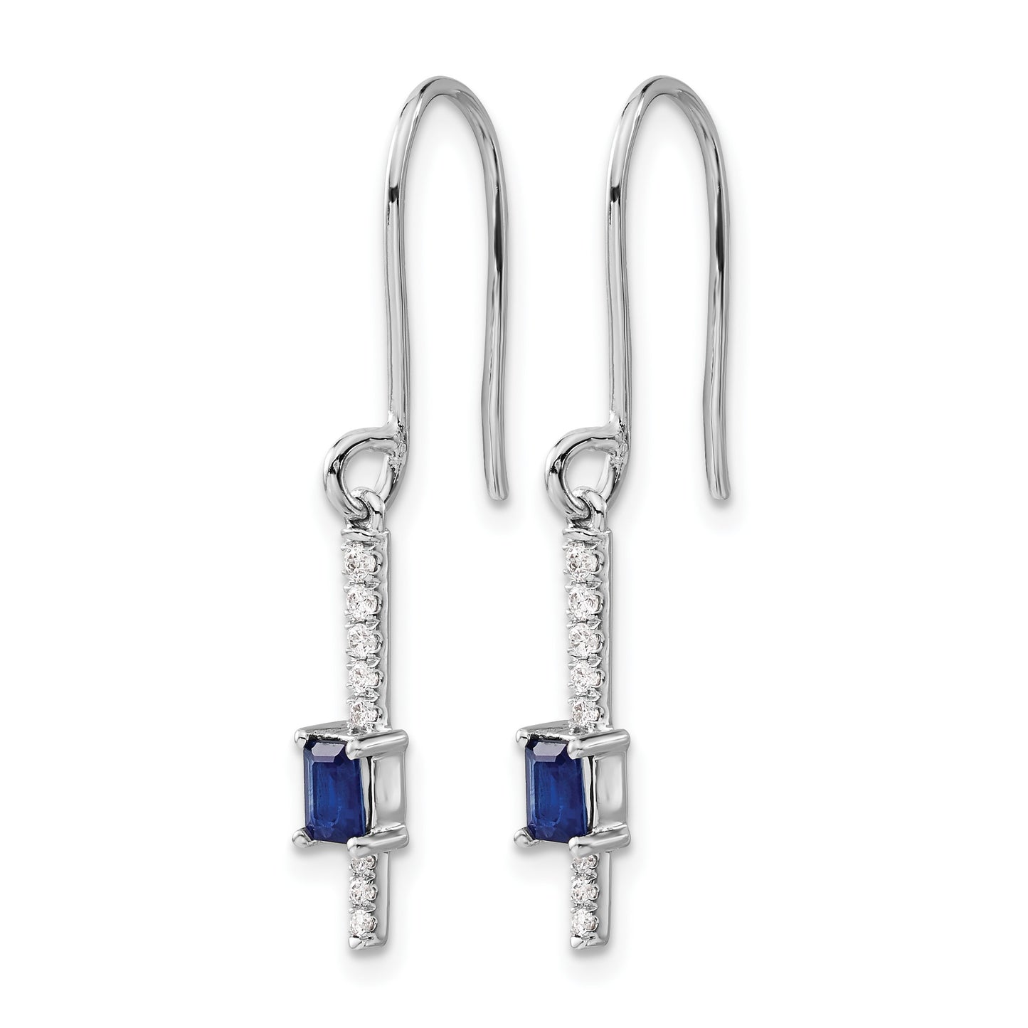 14k White Gold 4x3mm Emerald-cut Sapphire and Diamond Dangle Shepherd Hook Earrings