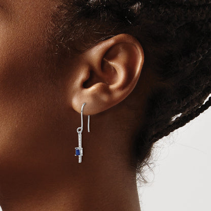 14k White Gold 4x3mm Emerald-cut Sapphire and Diamond Dangle Shepherd Hook Earrings