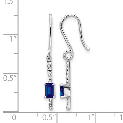 14k White Gold 4x3mm Emerald-cut Sapphire and Diamond Dangle Shepherd Hook Earrings