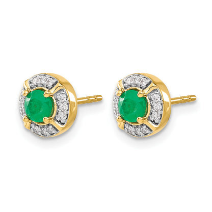 14k 4.1mm Round Emerald and Diamond Halo Post Earrings