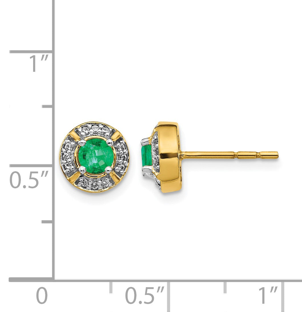 14k 4.1mm Round Emerald and Diamond Halo Post Earrings