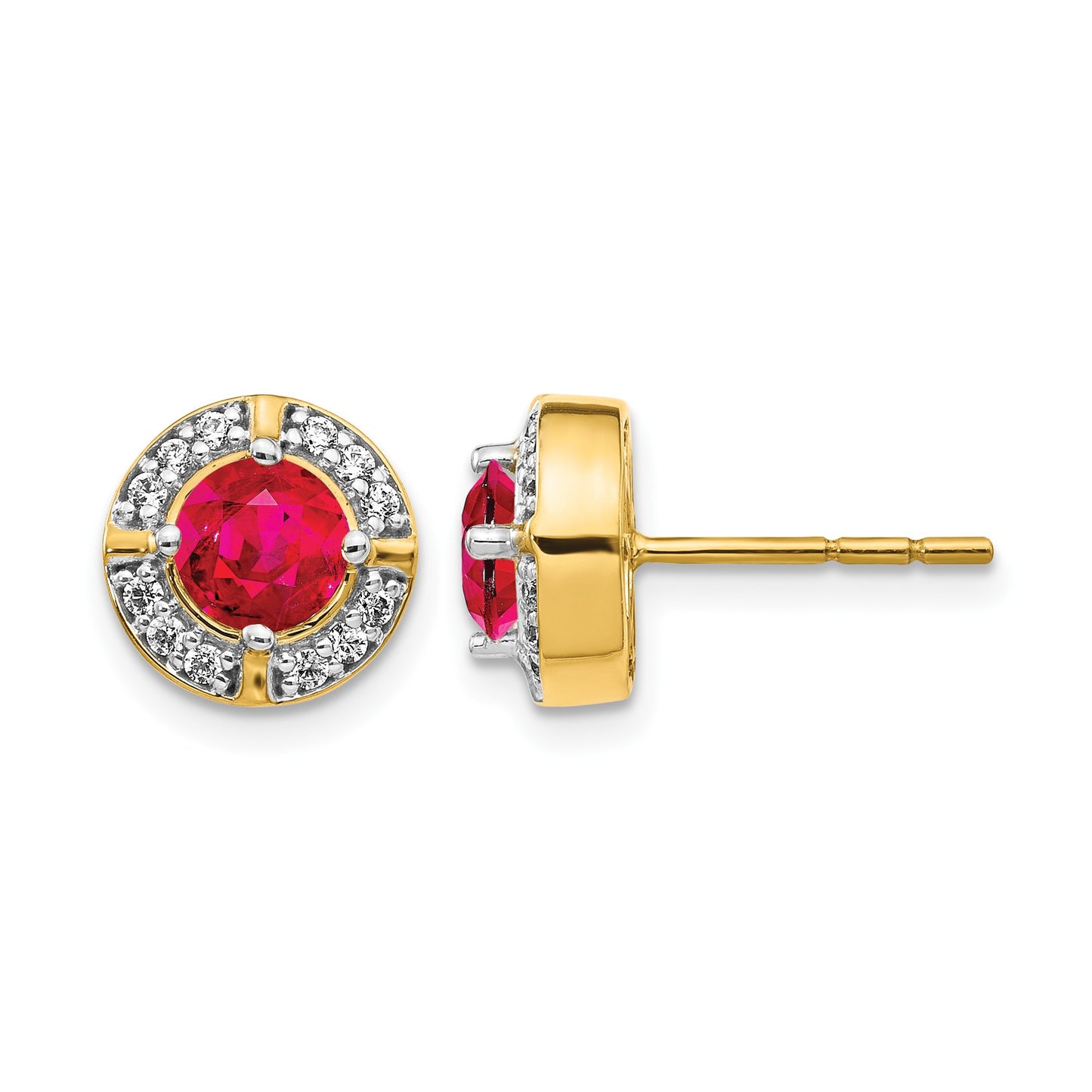14k 5.2mm Round Ruby and Diamond Halo Post Earrings