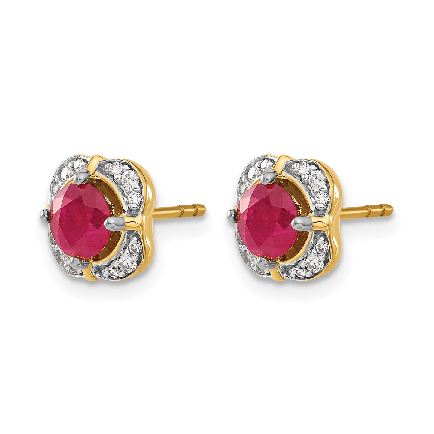 14k 5.2mm Round Ruby and Diamond Fancy Square Post Earrings