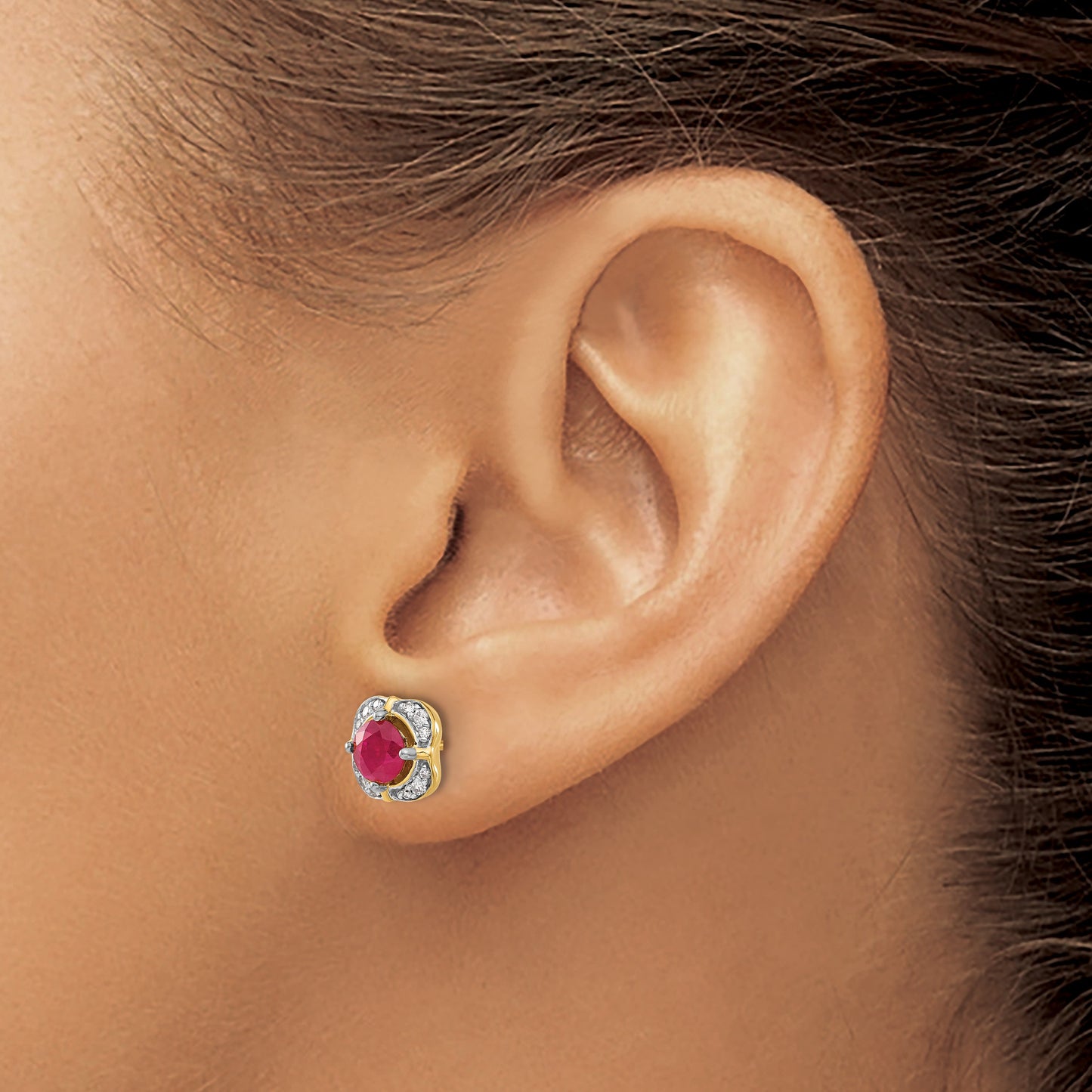 14k 5.2mm Round Ruby and Diamond Fancy Square Post Earrings