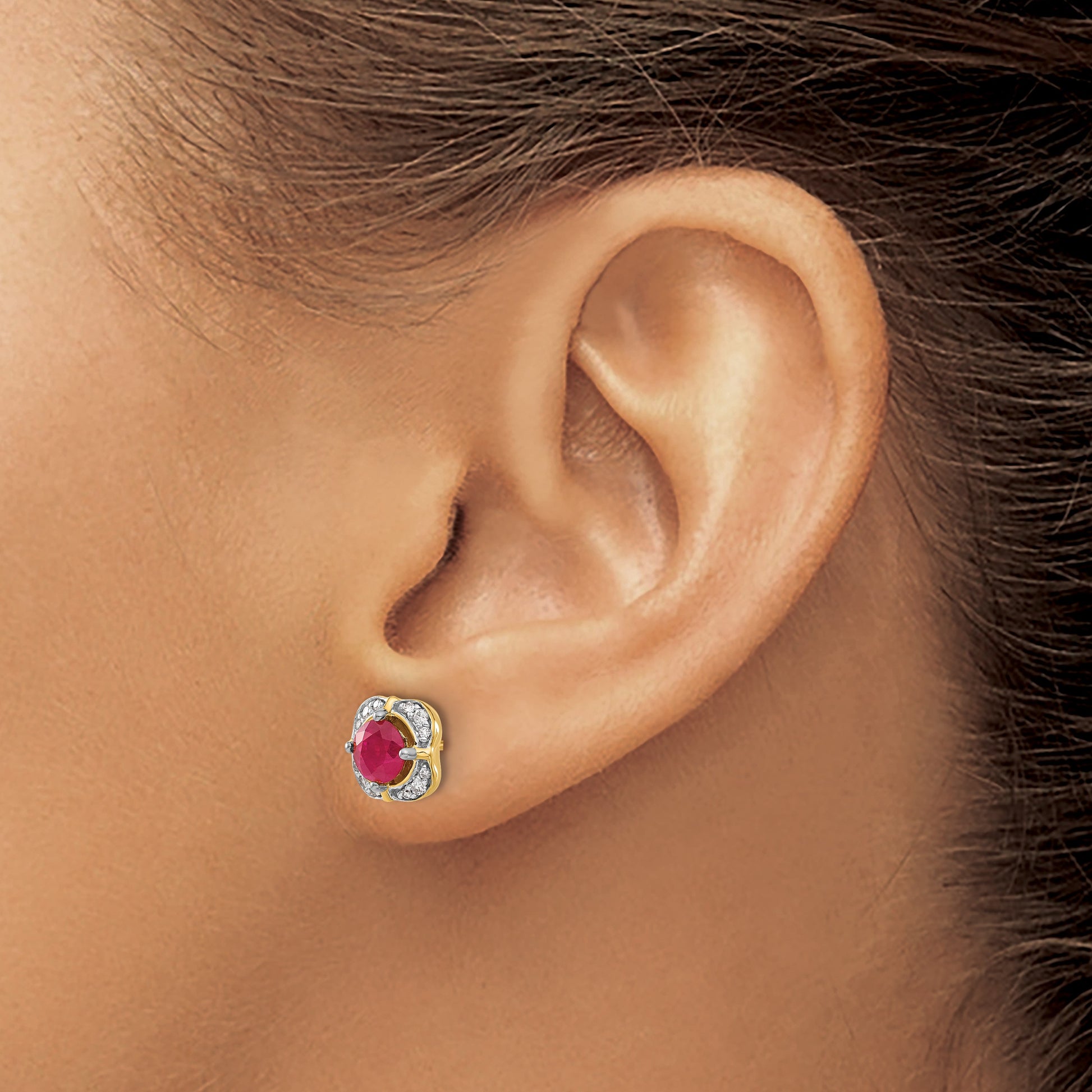14k 5.2mm Round Ruby and Diamond Fancy Square Post Earrings