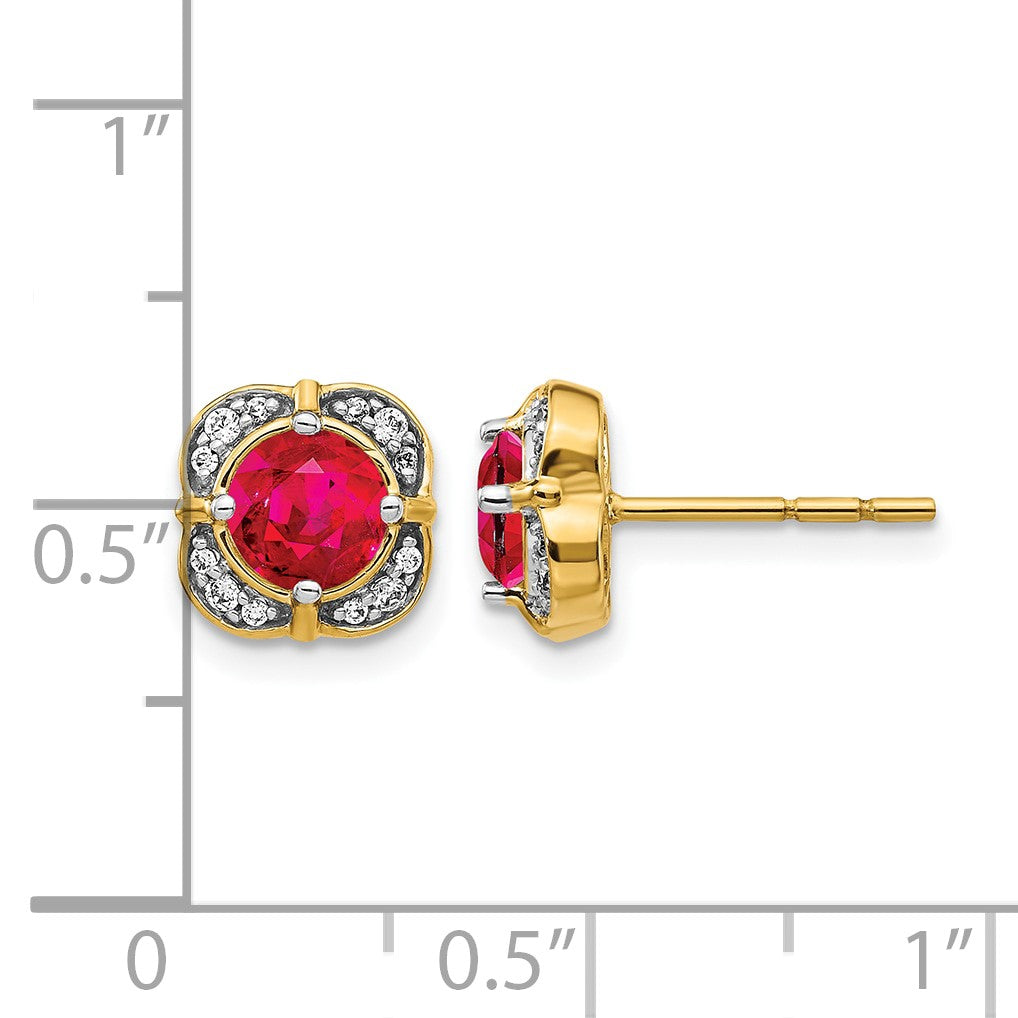 14k 5.2mm Round Ruby and Diamond Fancy Square Post Earrings