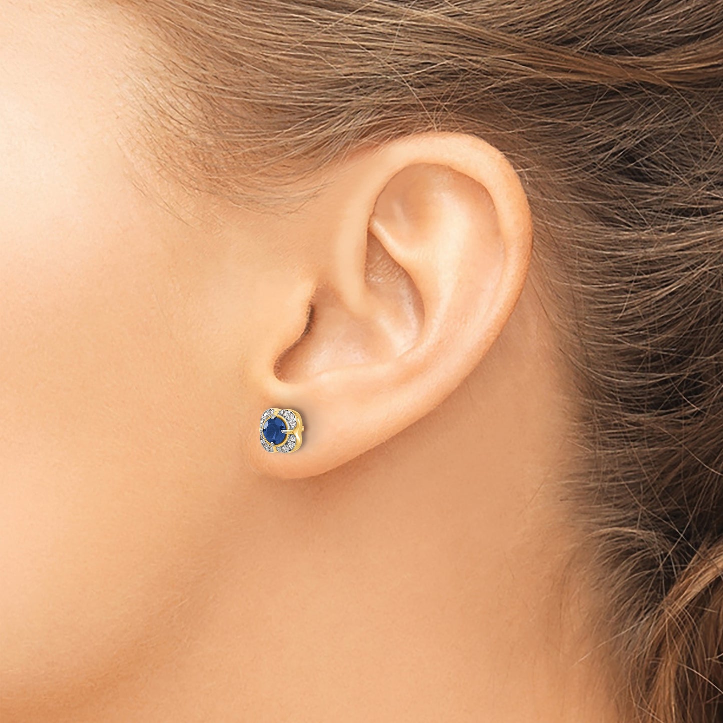 14k 4.1mm Round Sapphire and Diamond Fancy Square Post Earrings