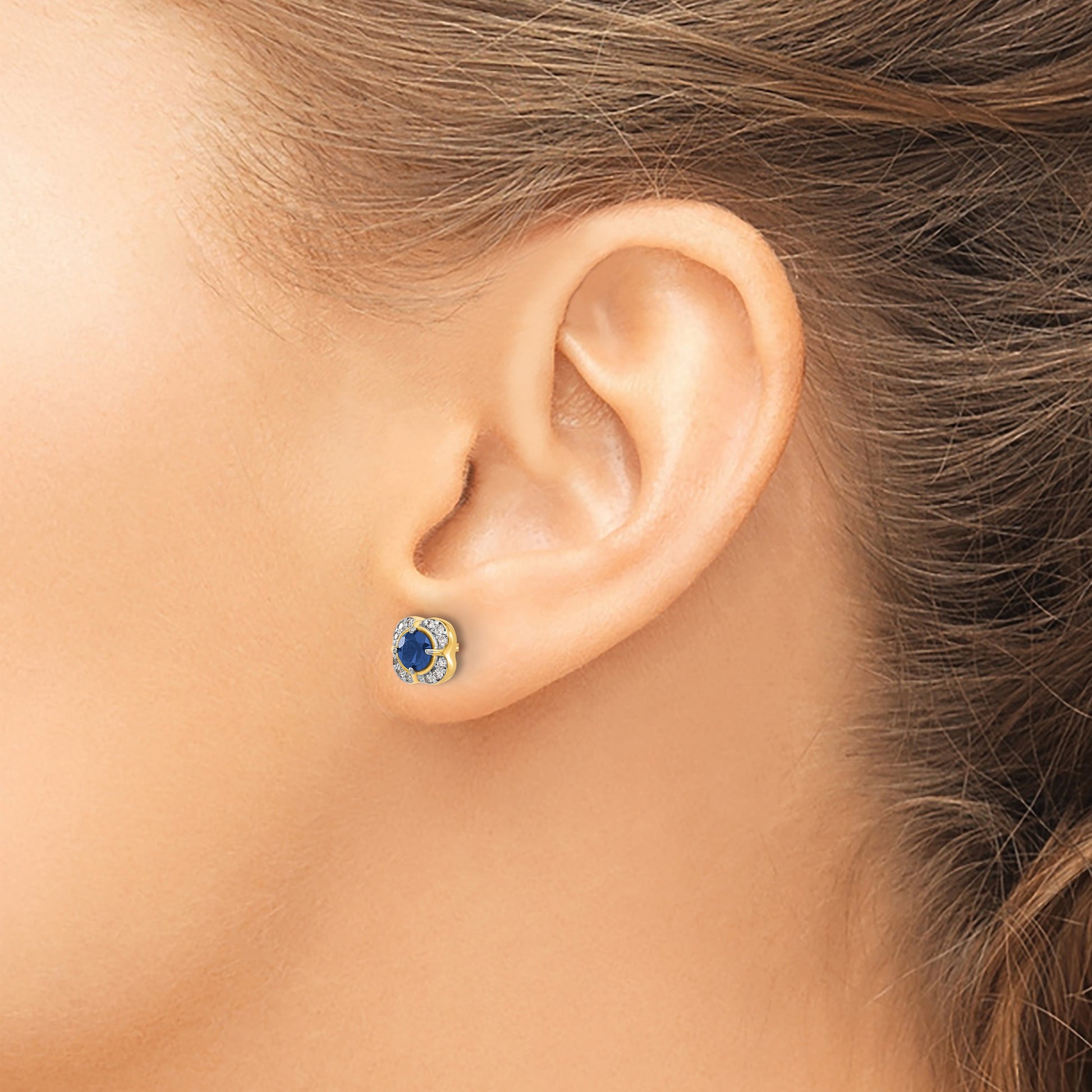 14k 4.1mm Round Sapphire and Diamond Fancy Square Post Earrings