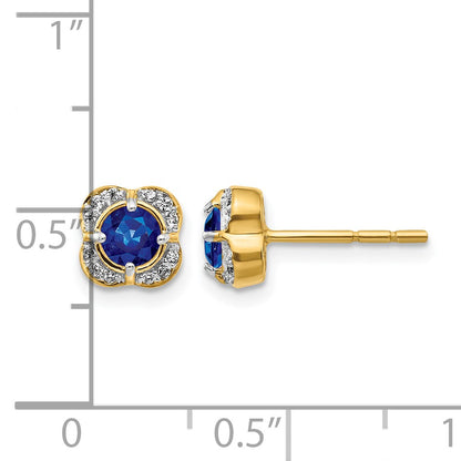 14k 4.1mm Round Sapphire and Diamond Fancy Square Post Earrings