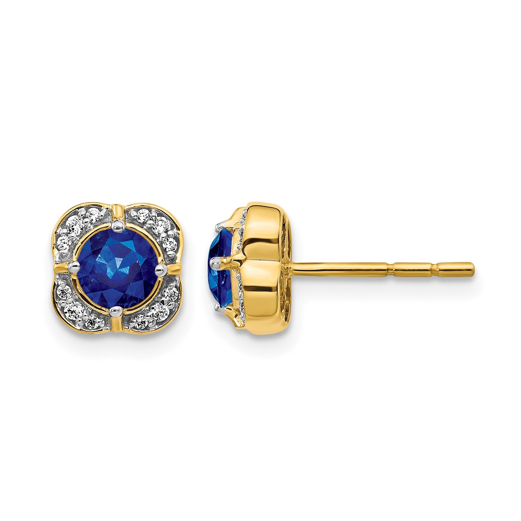14k 4.5mm Round Sapphire and Diamond Fancy Square Post Earrings