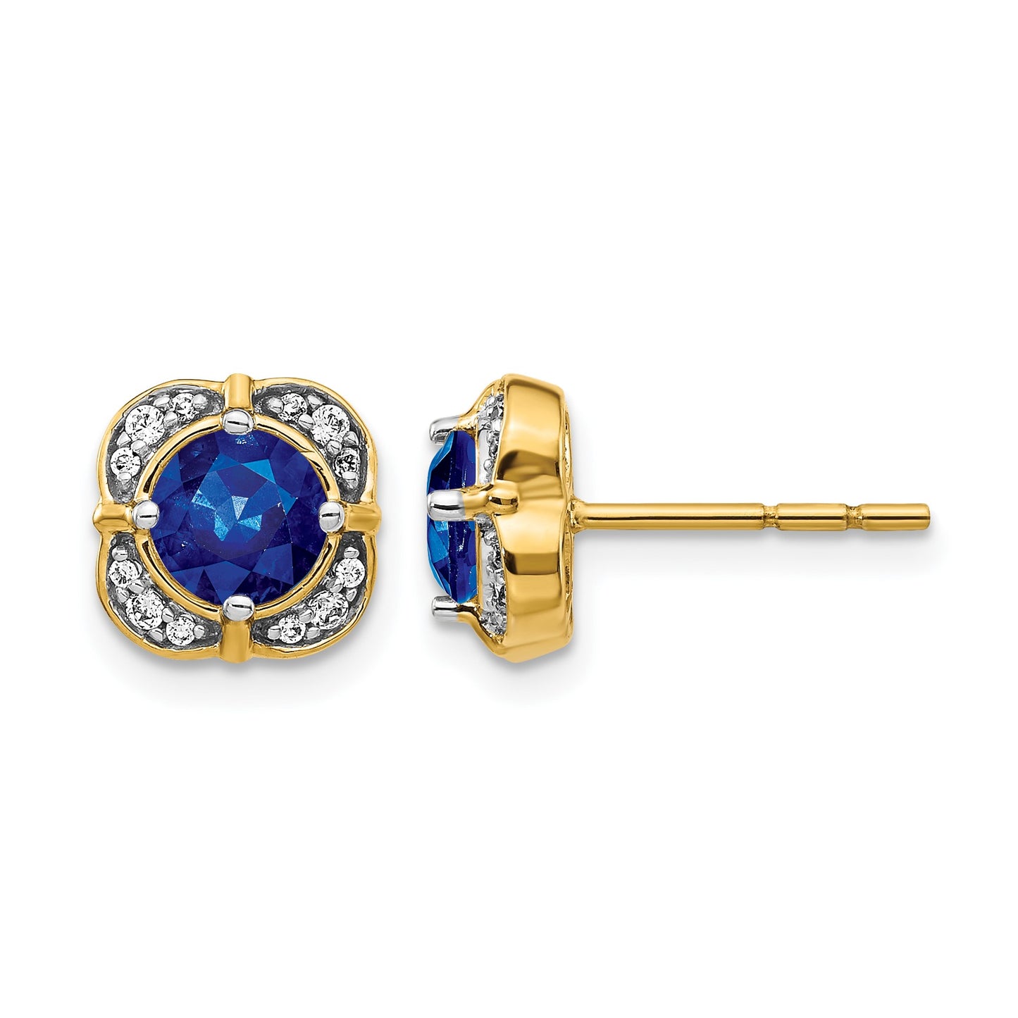 14k 5.2mm Round Sapphire and Diamond Fancy Square Post Earrings