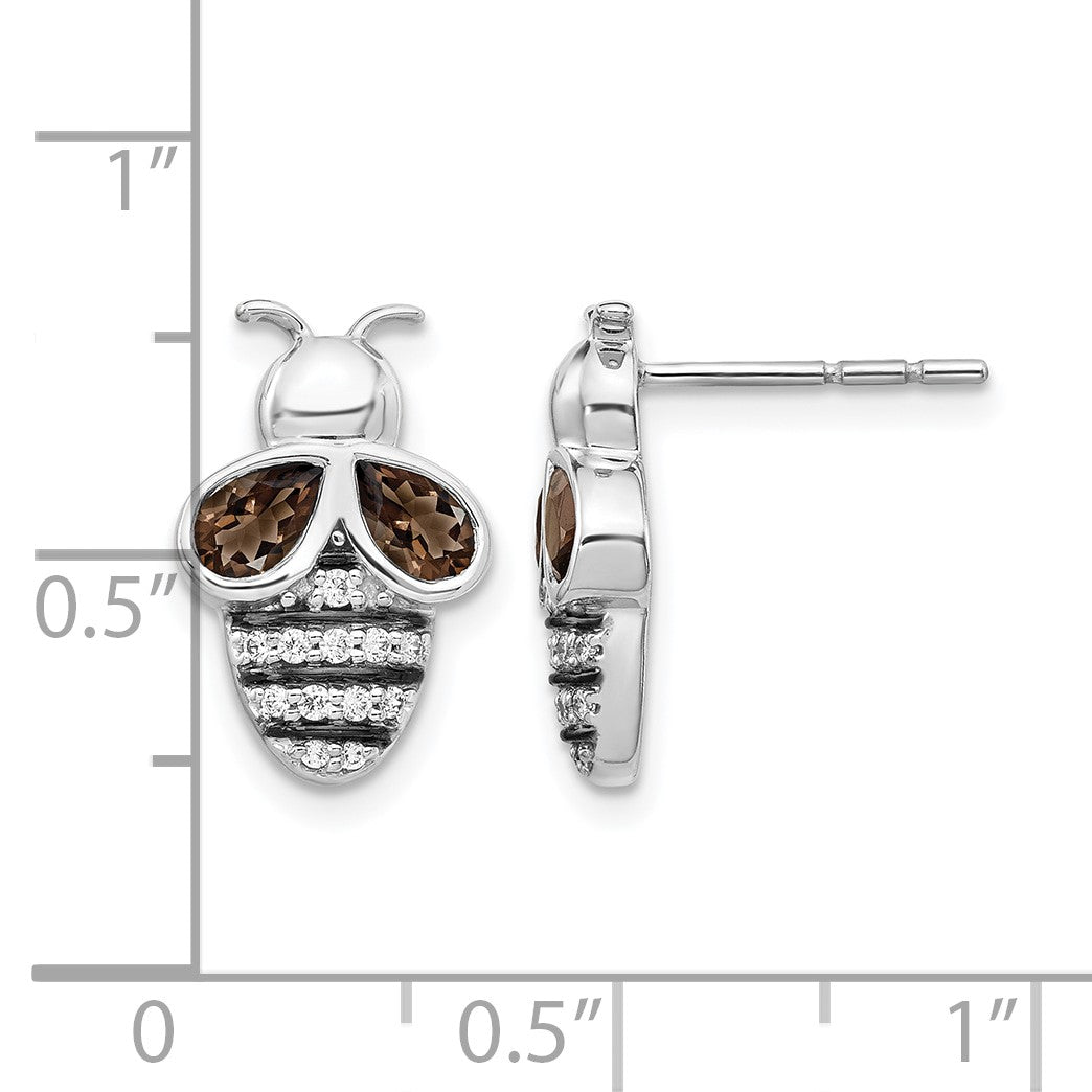 14k White Gold and Black Rhodium 1/6 carat Diamond and Smokey Quartz Bee Post Earrings