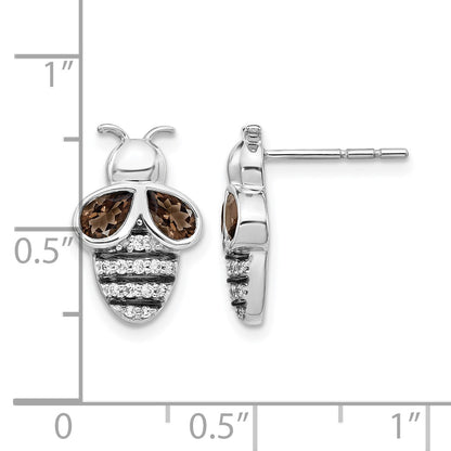 14k White Gold and Black Rhodium 1/6 carat Diamond and Smokey Quartz Bee Post Earrings