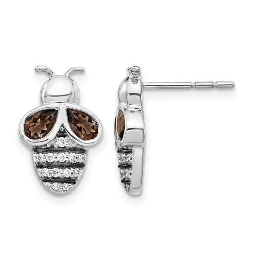 14k White Gold and Black Rhodium 1/6 carat Diamond and Smokey Quartz Bee Post Earrings