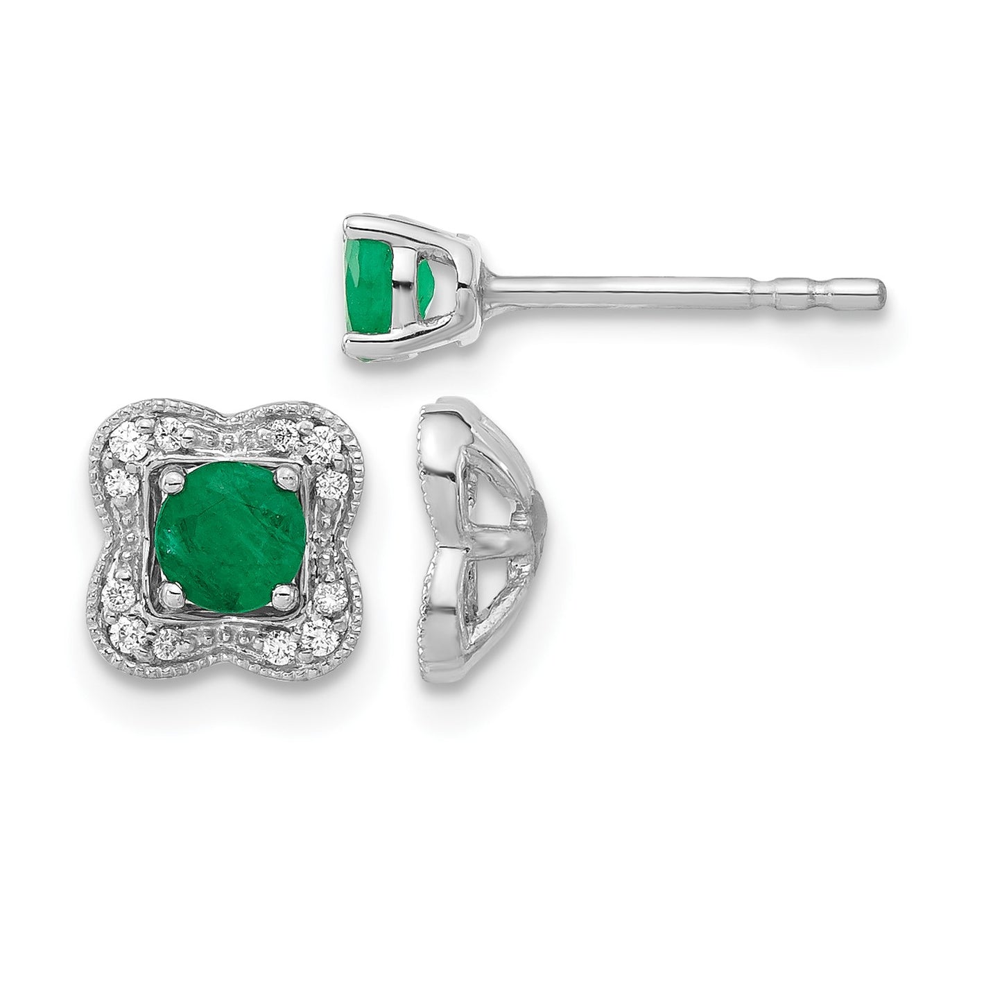 14k White Gold Diamond Square Jackets and 4mm Emerald Stud Earrings