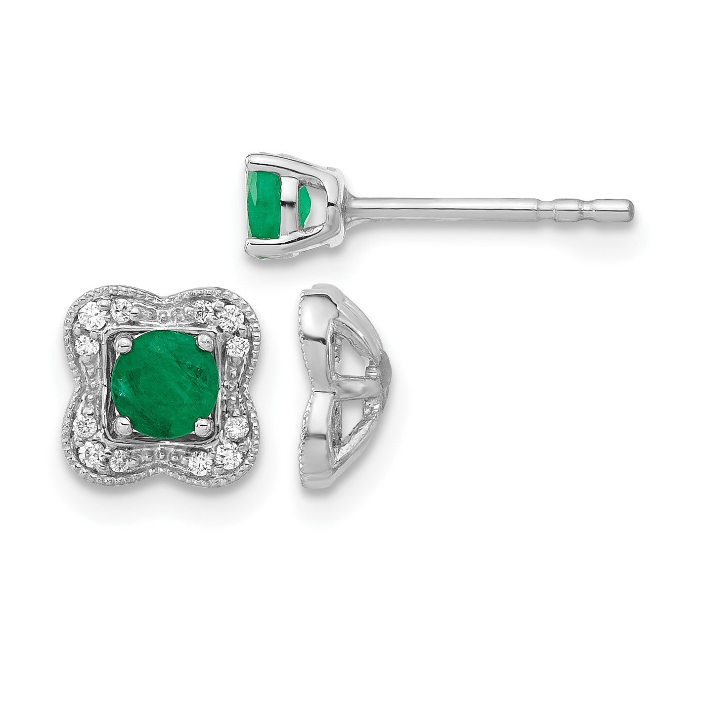 14k White Gold Diamond Square Jackets and 4mm Emerald Stud Earrings