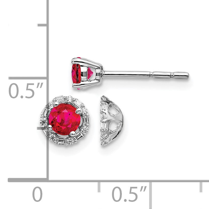 14k White Gold Diamond Halo Jackets and 4mm Ruby Stud Earrings