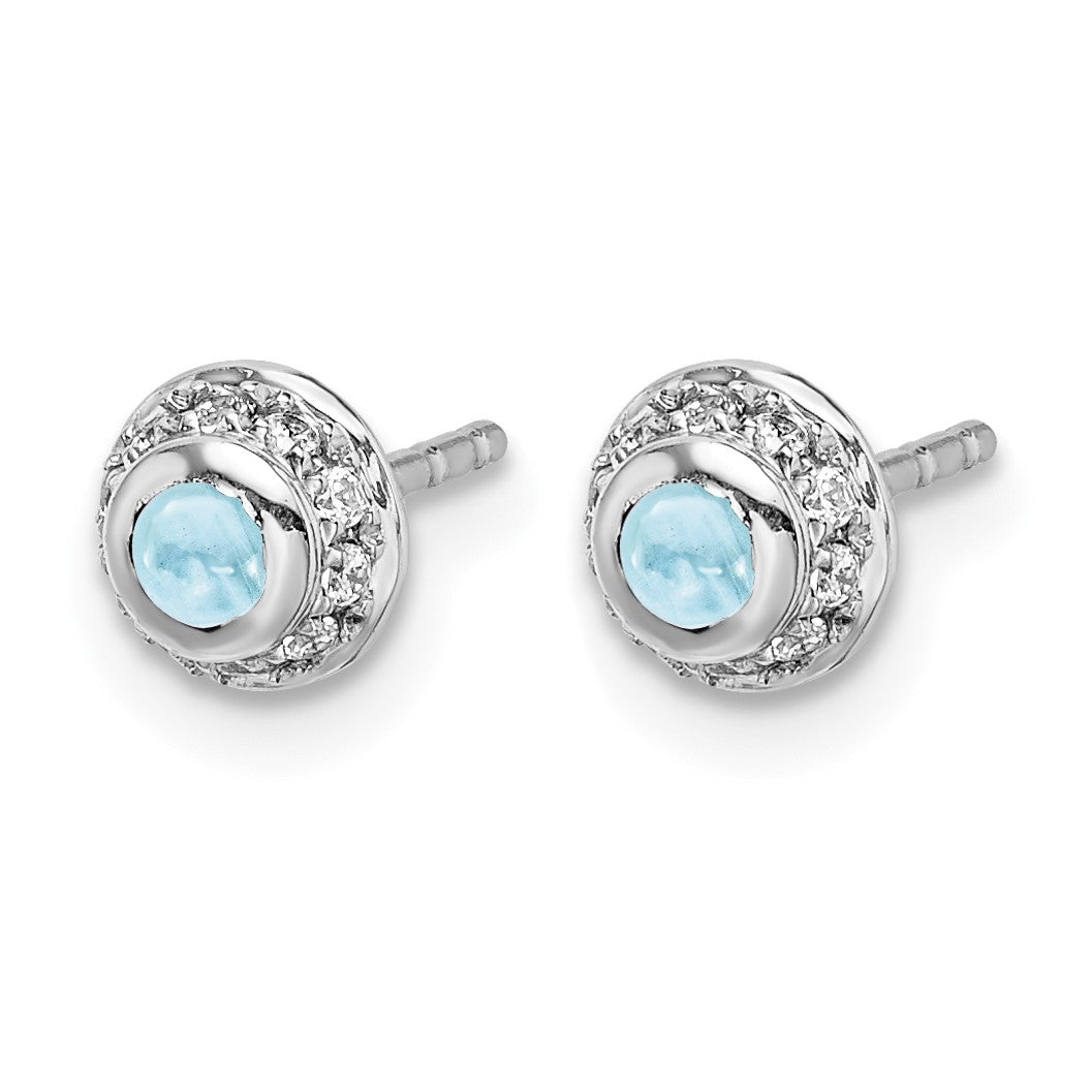 14k White Gold 2.5mm Round Aquamarine Cabochon and Diamond Halo Post Earrings