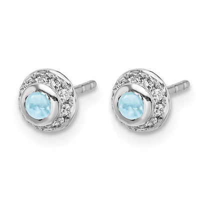 14k White Gold 2.5mm Round Aquamarine Cabochon and Diamond Halo Post Earrings