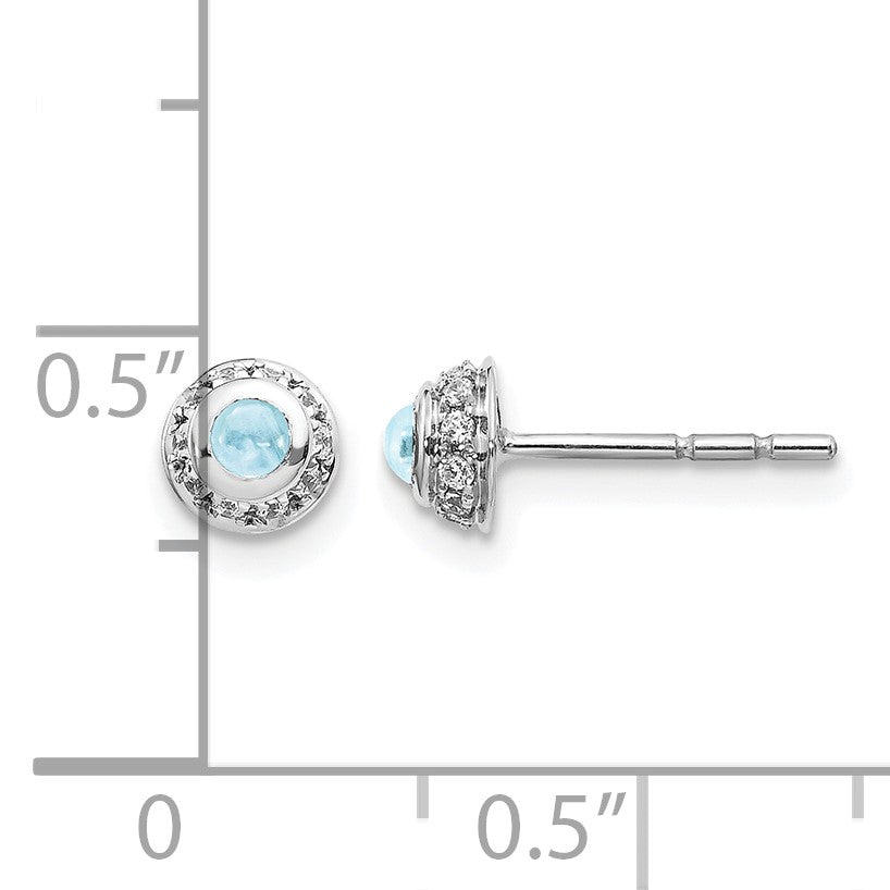14k White Gold 2.5mm Round Aquamarine Cabochon and Diamond Halo Post Earrings
