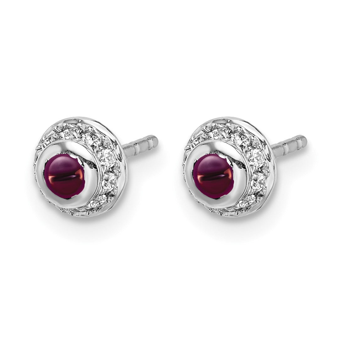 14k White Gold Diamond and Round Rhodolite Garnet Cabochon Post Earrings