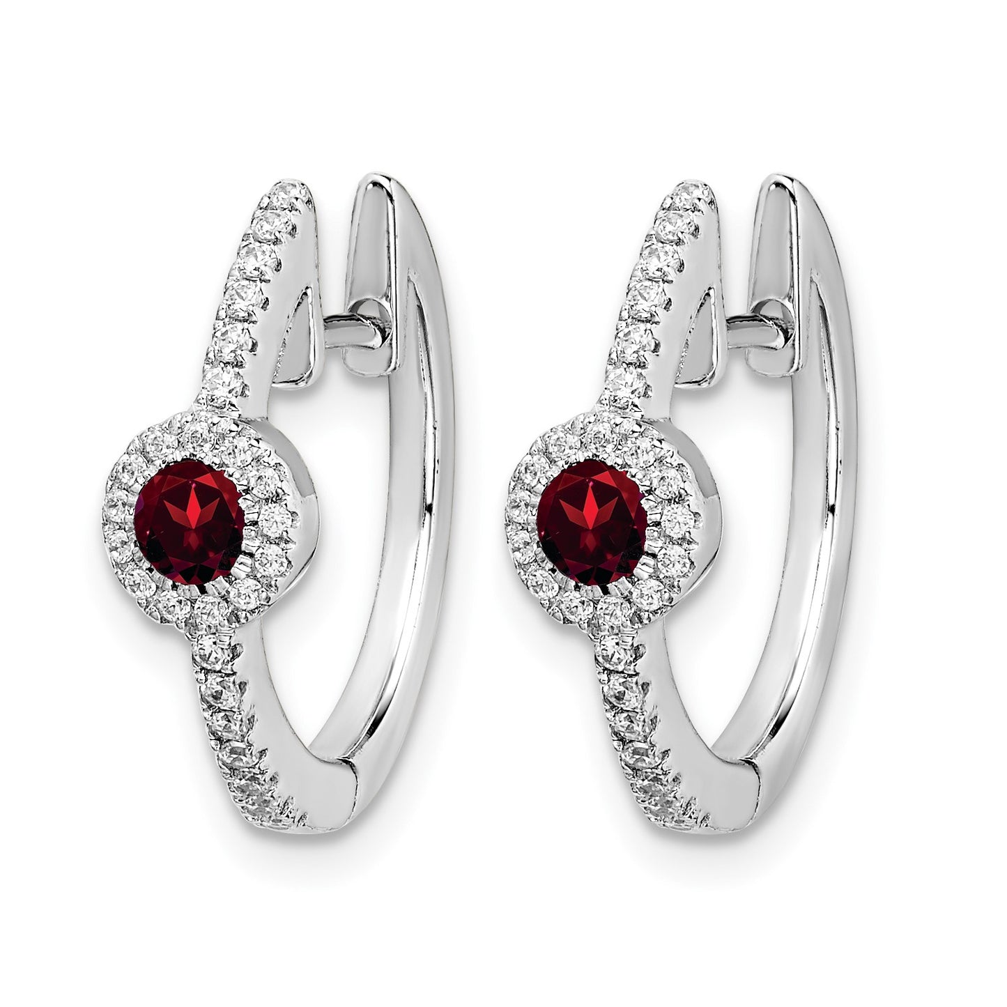 14k White Gold 2.7mm Round Garnet Cabochon and .20 carat Diamond Hinged Hoop Earrings