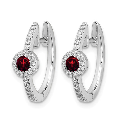 14k White Gold 2.7mm Round Garnet Cabochon and .20 carat Diamond Hinged Hoop Earrings