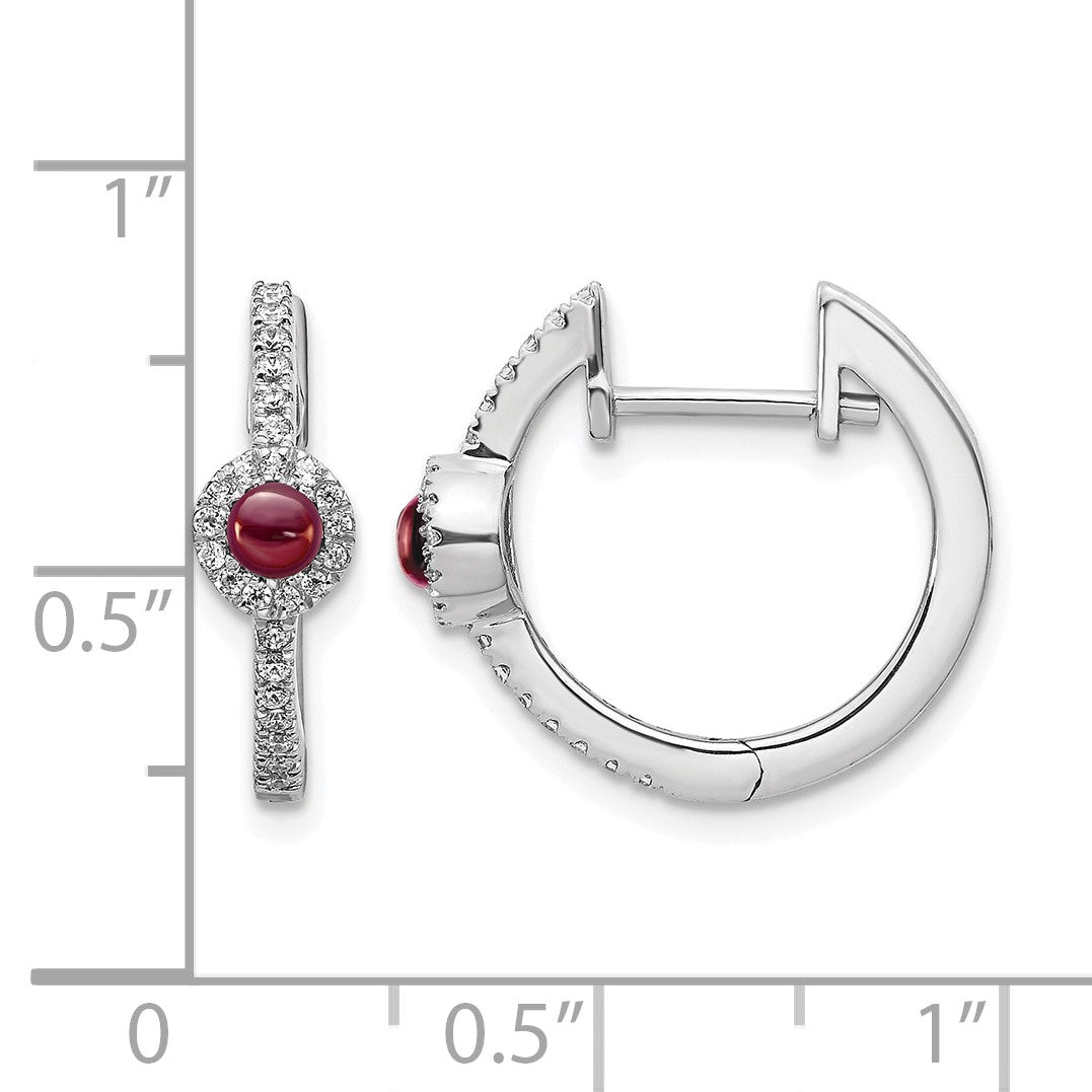 14k White Gold 2.7mm Round Garnet Cabochon and .20 carat Diamond Hinged Hoop Earrings