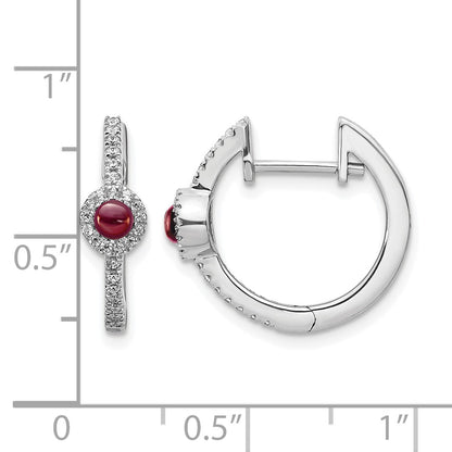 14k White Gold 2.7mm Round Garnet Cabochon and .20 carat Diamond Hinged Hoop Earrings