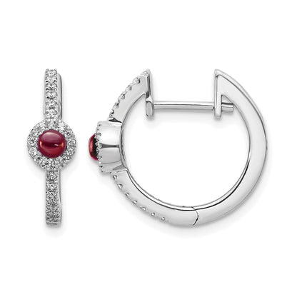 14k White Gold 2.7mm Round Garnet Cabochon and .20 carat Diamond Hinged Hoop Earrings