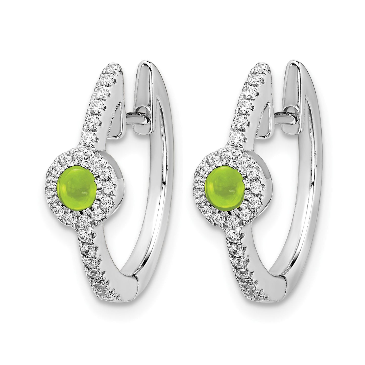 14k White Gold 2.7mm Round Peridot Cabochon and .20 carat Diamond Hinged Hoop Earrings