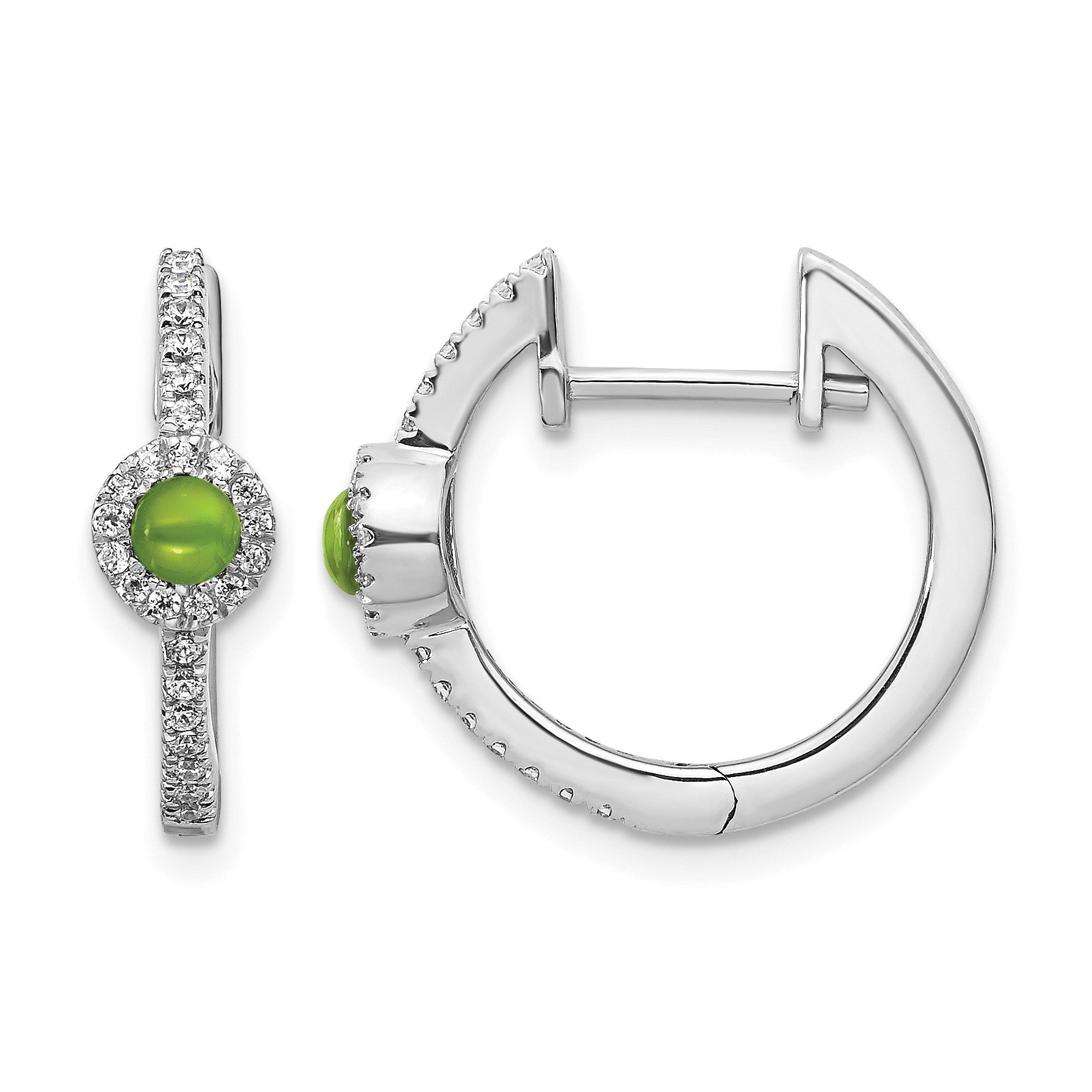 14k White Gold 2.7mm Round Peridot Cabochon and .20 carat Diamond Hinged Hoop Earrings