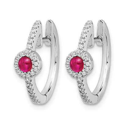 14k White Gold 2.7mm Round Ruby Cabochon and Diamond Hinged Hoop Earrings